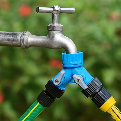 Deux tuyaux connecté raccord tuyau arrosage bleu vissé robinet