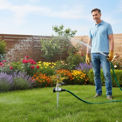 arrosage automatique pelouse avec monsieur dans jardin