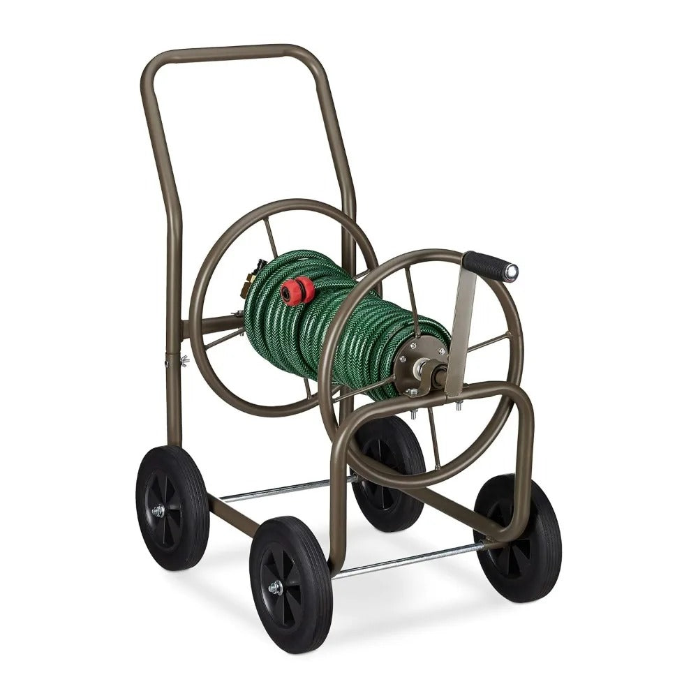 chariot enrouleur tuyau d arrosage brun avec tuyau enroule vert