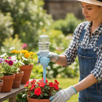 Femme salopette pique arrosage goutte à goutte dans vase fleuri