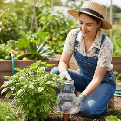 Femme souriante avec Arrosage goutte à goutte pour plantes