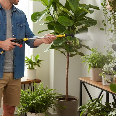 Monsieur brumise plantes avec lance pulverisateur