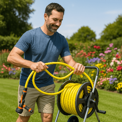 monsieur enroule tuyau d arrosage jaune dans jardin
