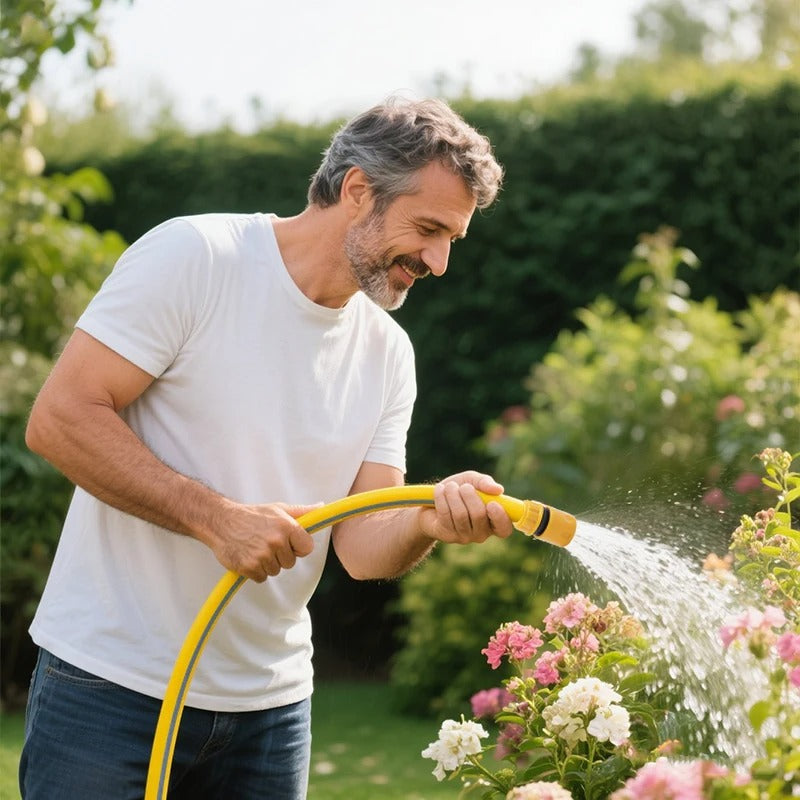 monsieur-souriant detendu arrose fleurs avec tuyau d arrosage flexible
