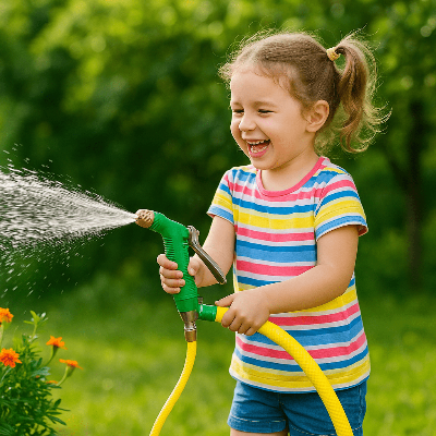 petite fille souriante joue avec tuyau d arrosage