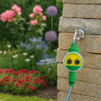programmateur arrosage vert jaune fixé au mur
