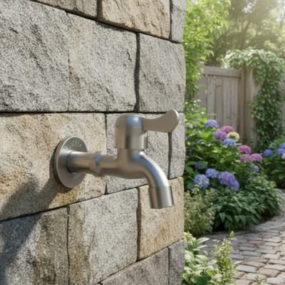 Robinet exterieur dans jardin fleuri