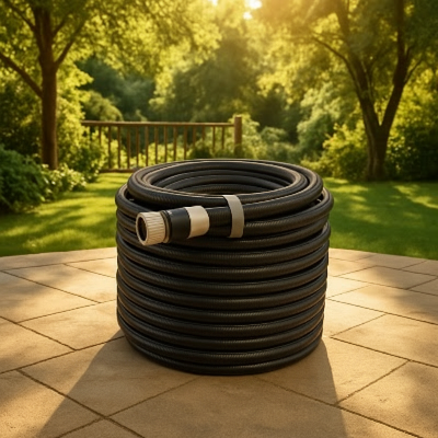 tuyau d arrosage noir enroule coin terrasse