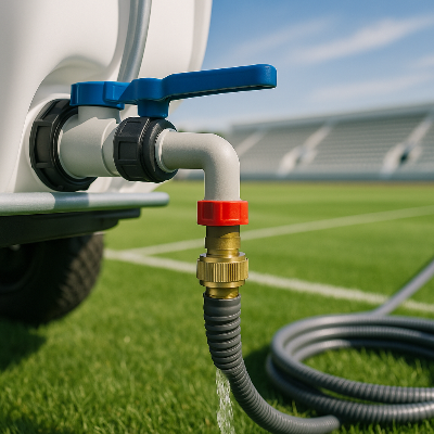 Adaptateur robinet tuyau arrosage installé sur réservoir véhicule