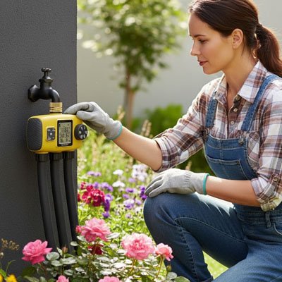 Dame salopette bleu vérifie programmateur arrosage dans jardin 
