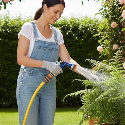 Femme arrose plantes avec tuyau connecté sur raccord tuyau arrosage