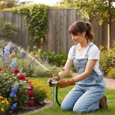 Femme salopette installe arrosage automatique pelouse