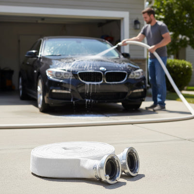 Homme lave voiture avec tuyau d'arrosage haute pression 