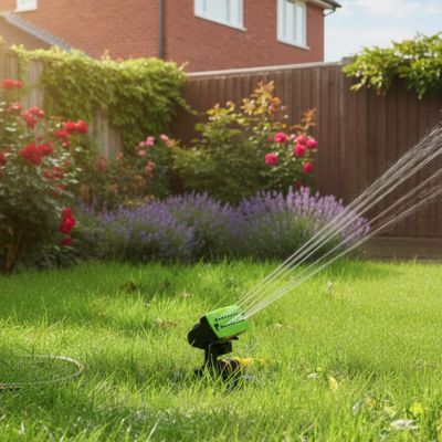 jardin avec pelouse irriguée par arroseur oscillant