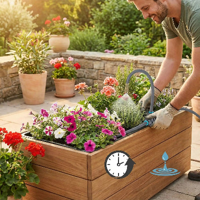 Jardinier installe arrosage goutte à goutte dans jardinière