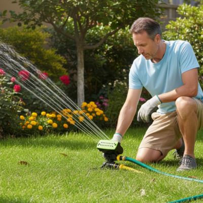 Monsieur dans jardin actionne arroseur oscillant