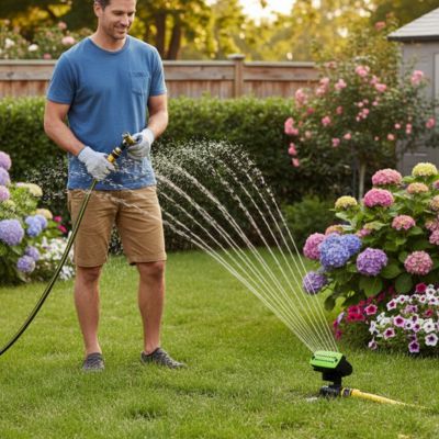 arroseur oscillant hydrate pelouse jardin avec monsieur