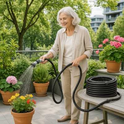 dame agee arrose fleurs avec tuyau d arrosage  sur balcon