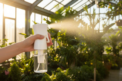 dame arrose plantes dans verrière avec pulvérisateur