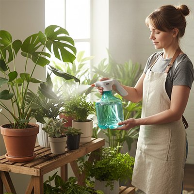 Dame arrose plantes  intérieures avec pulverisateur electrique 