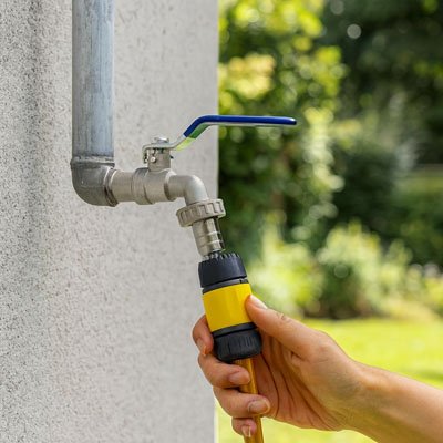 Dame connecte tuyau d'arrosage au robinet de jardin 