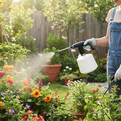Dame en salopette arrose fleurs avec le pulverisateur 