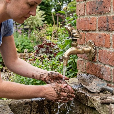 Dame lave ses mains au Robinet de jardin 