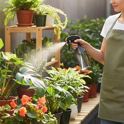 Dame tablier gris vaporise fleurs extérieure avec pulverisateur 