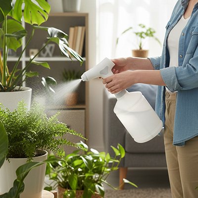 Dame utilise pulverisateur electrique pour ses plantes intérieure