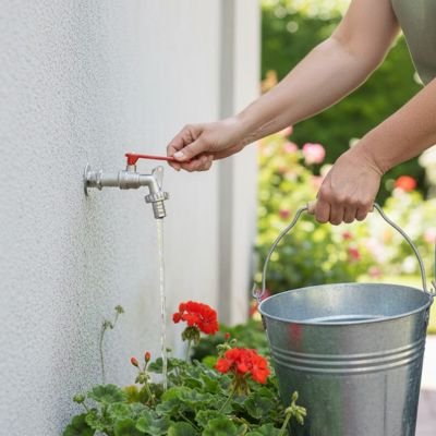  Dame utilise robinet exterieur pour remplir sceau 