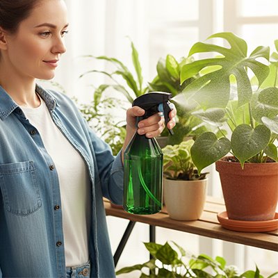 Dame vaporise  plantes avec pulverisateur vert