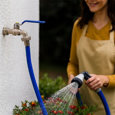 Femme avec tuyau bleu branché au robinet de jardin 