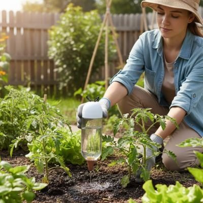 Femme hydrate avec arrosage goutte à goutte potager