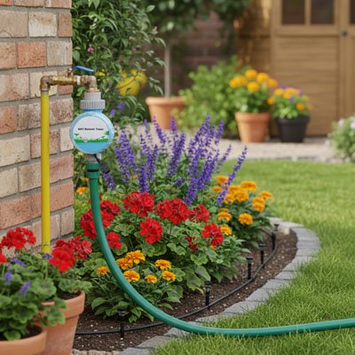 Jardin  avec programmateur arrosage installé sur robinet 