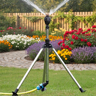 jardin fleuri avec trépied arrosage automatique