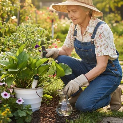 Jardinière avec salopette bleu installe arrosage goutte à goutte 