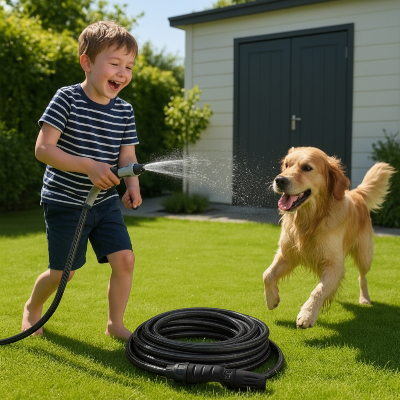 jeune garcon arrose chien avec tuyau d arrosage