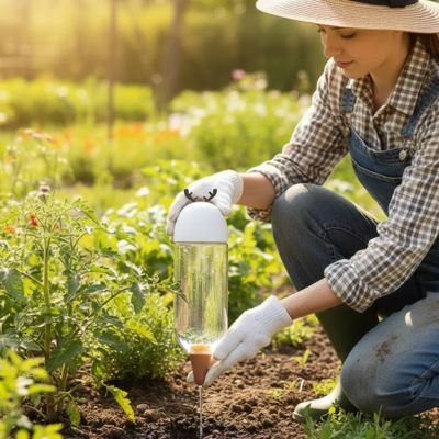 jeune jardinière installe Arrosage goutte à goutte 