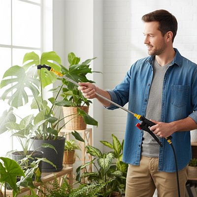 Monsieur arrose plante avec lance pulverisateur 