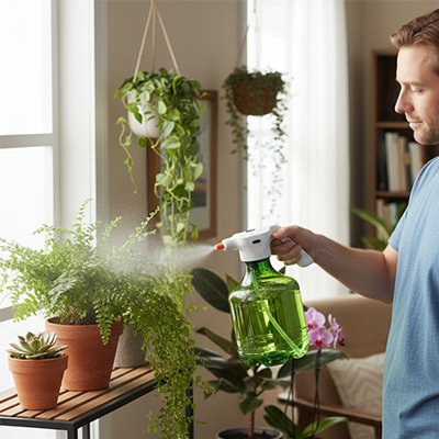 Monsieur arrose plantes avec pulverisateur electrique 