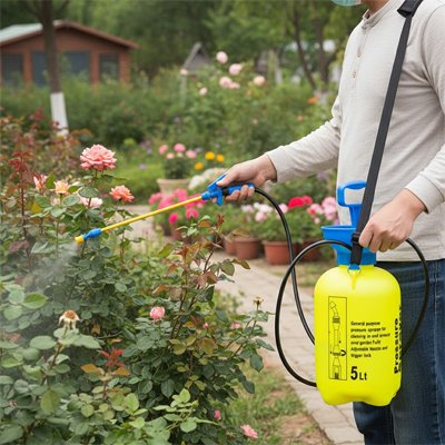 Monsieur avec pulvérisateur à main jaune traite rosier