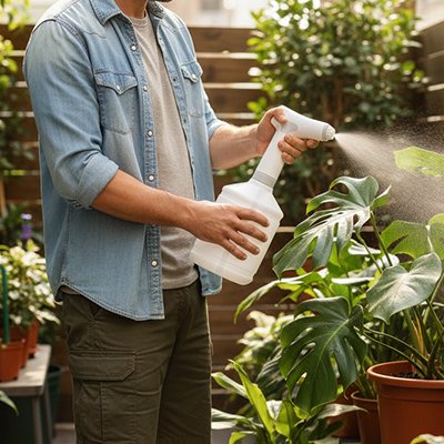 Monsieur avec pulverisateur electrique arrose ploantes