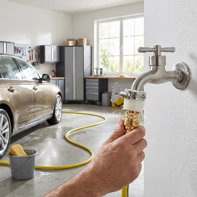 monsieur installe adaptateur robinet garage pour laver voiture