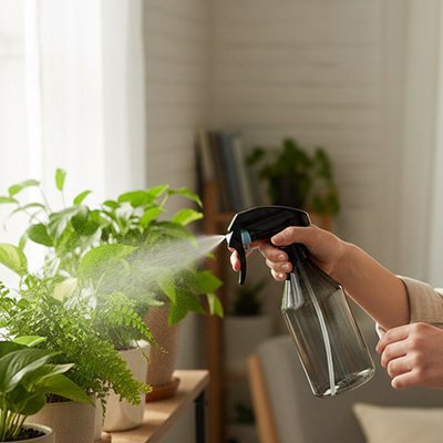 Plantes arrosées avec pulverisateur gris