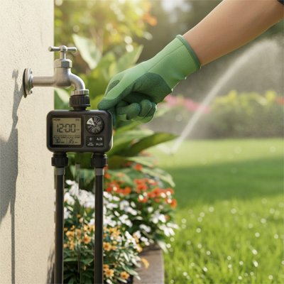 Programmateur arrosage  connecté au robinet extérieur dans jardin