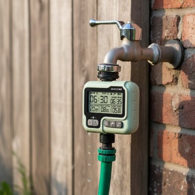 Programmateur arrosage installé sur robinet contre mur