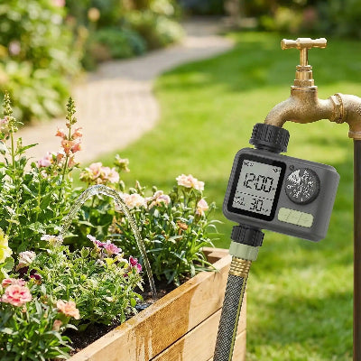 programmateur arrosage installé sur robinet devant jardinière