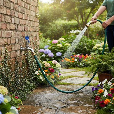 Robinet exterieur installé contre le mur dans jardin