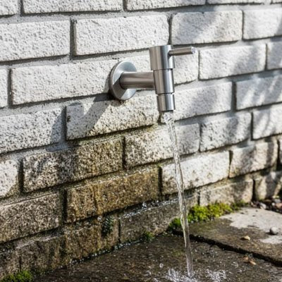 Robinet exterieur installé contre un mur en pierre