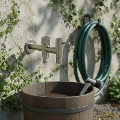 Robinet exterieur sur façade avec bassine d'eau 